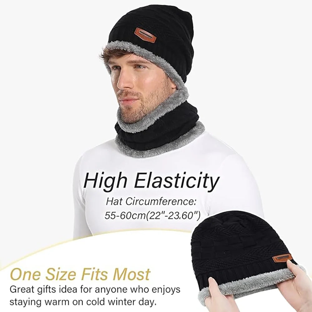 Mens Womens Winter Beanie Hat Scarf Set Warm Knit Thick Fleece Lined Skull Cap Neck Warmer for Men Women