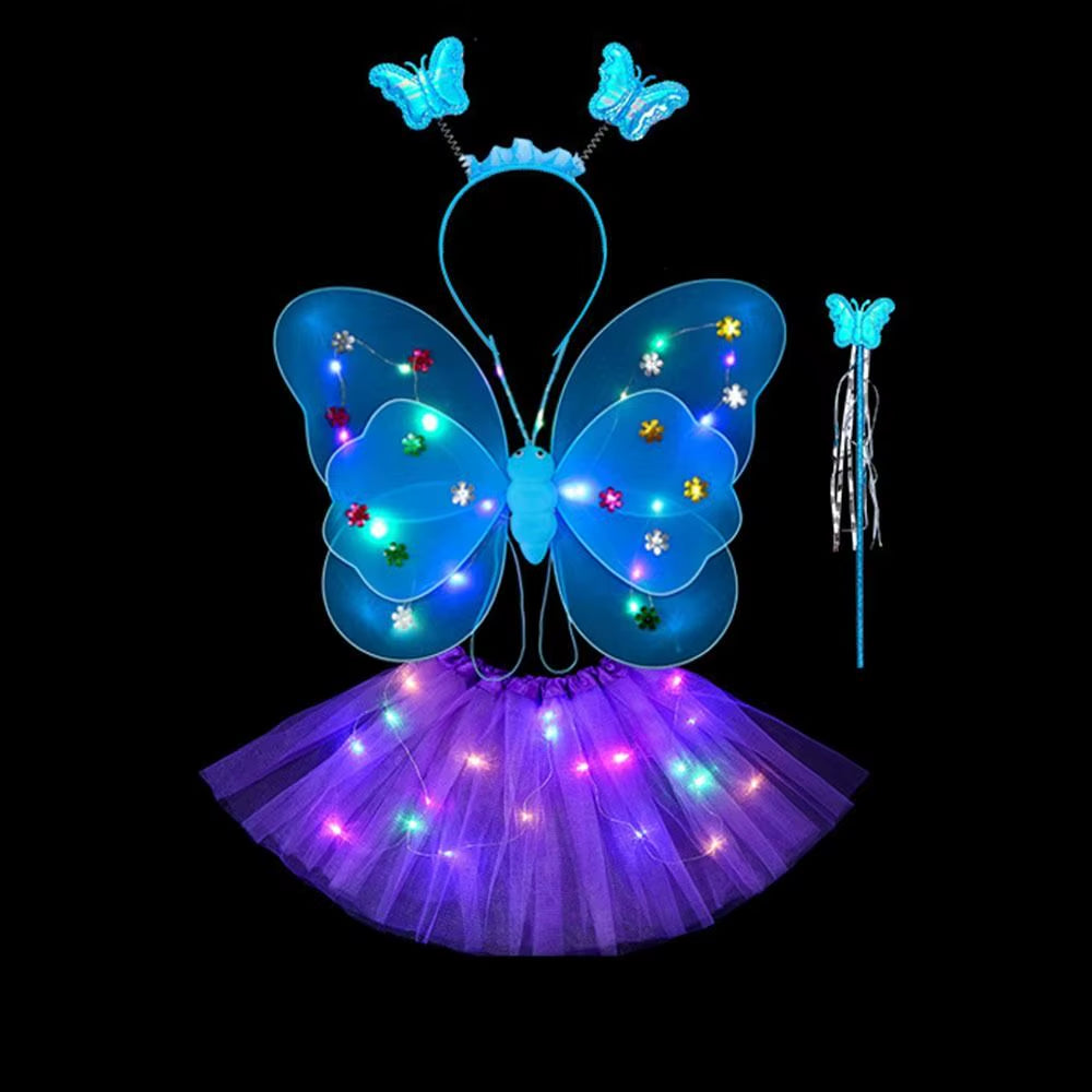 LED Children Costume Props Girls Skirts Angel Luminous Wings Flashing Butterfly Skirt Lights Suit 2-8Year Easter Valentines Day