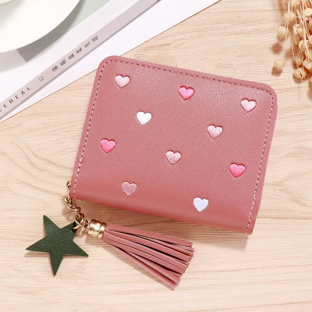 PU Leather Small Wallet Mini Card Bag Coin Purse Tassel Zipper Outdoor Portable Hand Wallet Girls Lovely Cute