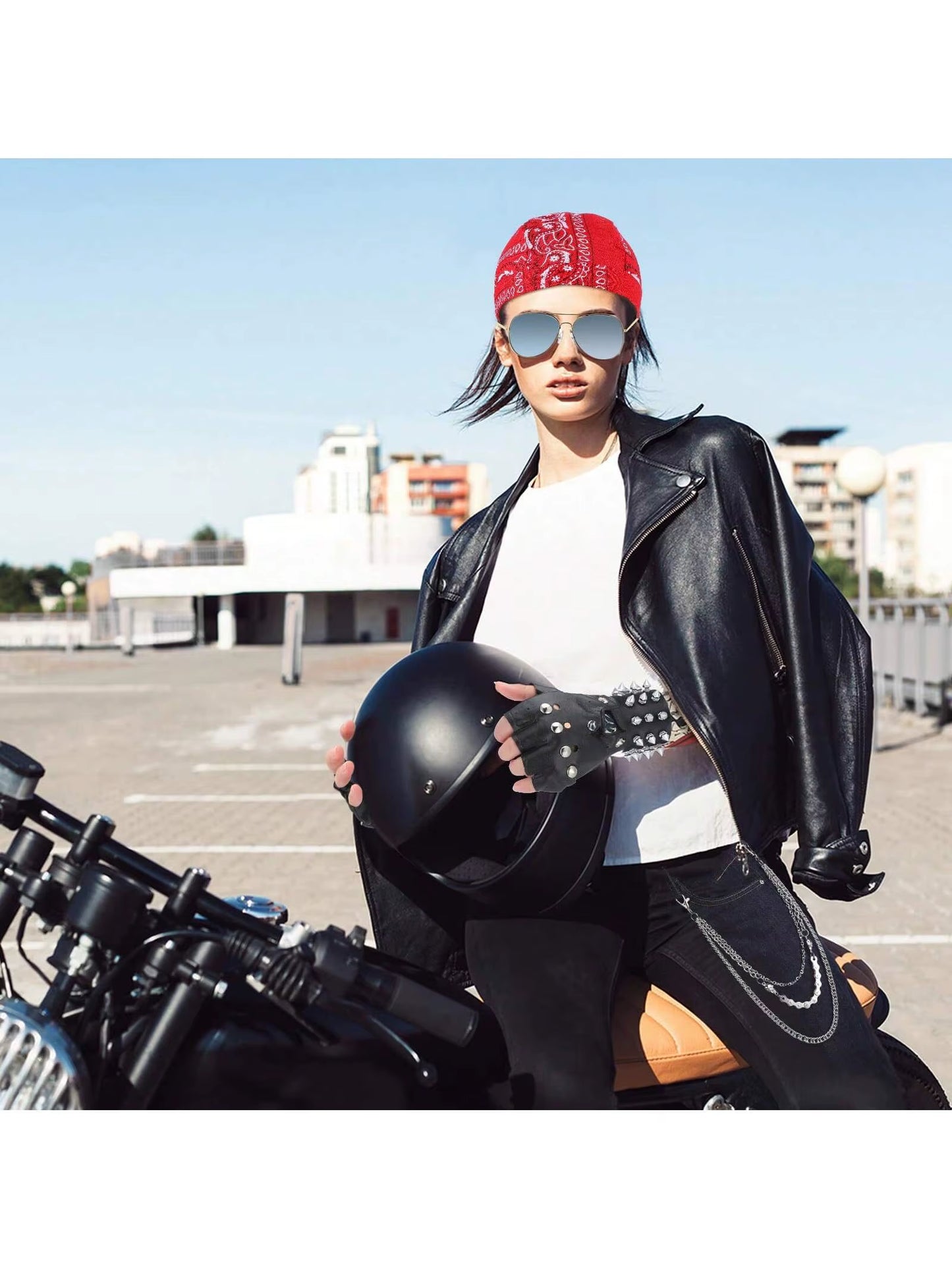 7 Pcs 70S 80S Rocker Costume Heavy Metal Wig Men Women Hippie Wig with Bandana Sunglasses Punk Gloves Tattoo Sleeves for 80S Pun