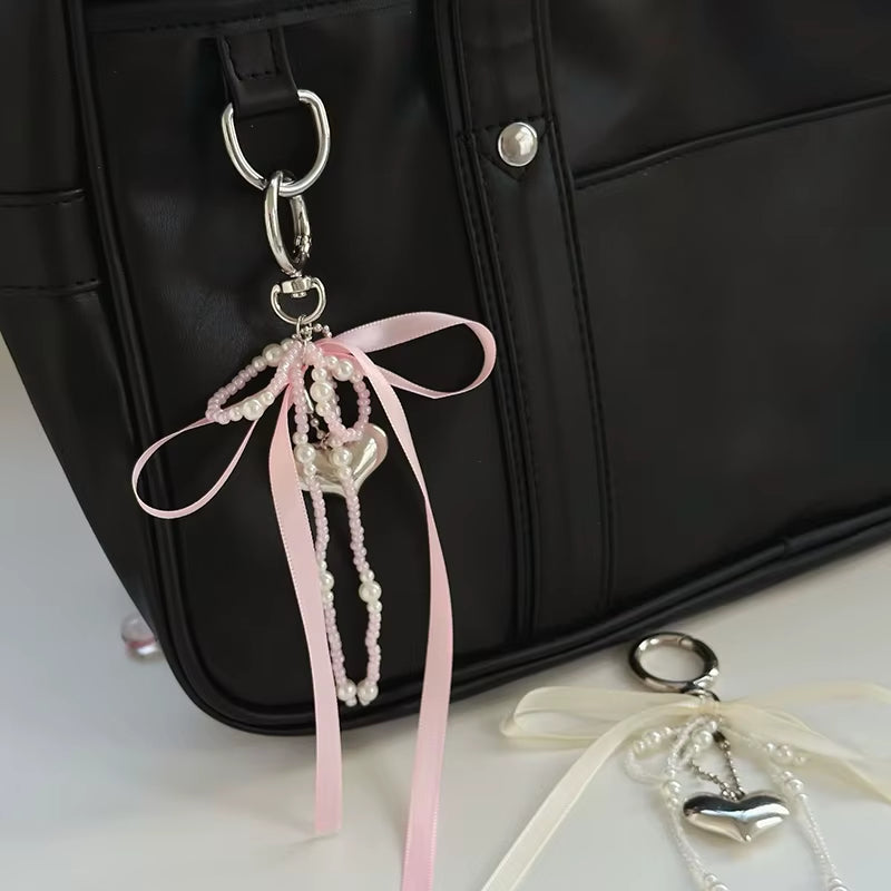 Imitation Pearl Bow Key Ring Ribbon Beaded Keychain Korean Style Hanging Accessories Y2K Heart Bag Pendant Decor Accessories