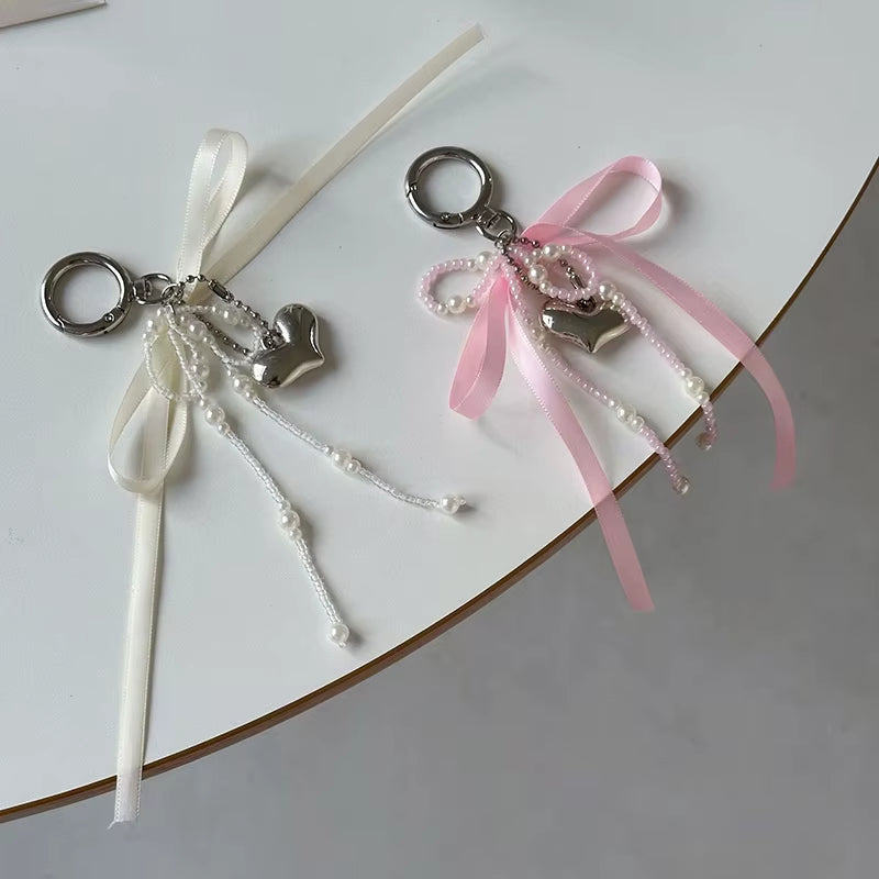 Imitation Pearl Bow Key Ring Ribbon Beaded Keychain Korean Style Hanging Accessories Y2K Heart Bag Pendant Decor Accessories