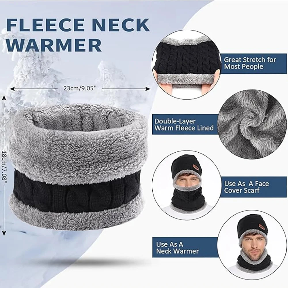 Mens Womens Winter Beanie Hat Scarf Set Warm Knit Thick Fleece Lined Skull Cap Neck Warmer for Men Women