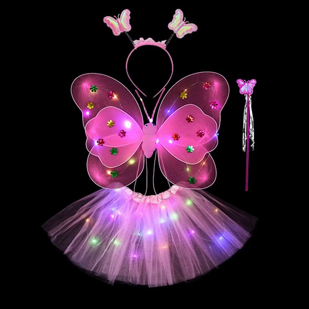 LED Children Costume Props Girls Skirts Angel Luminous Wings Flashing Butterfly Skirt Lights Suit 2-8Year Easter Valentines Day