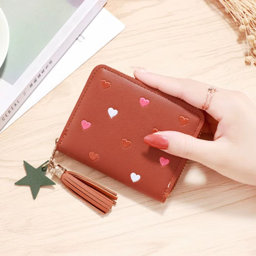 PU Leather Small Wallet Mini Card Bag Coin Purse Tassel Zipper Outdoor Portable Hand Wallet Girls Lovely Cute