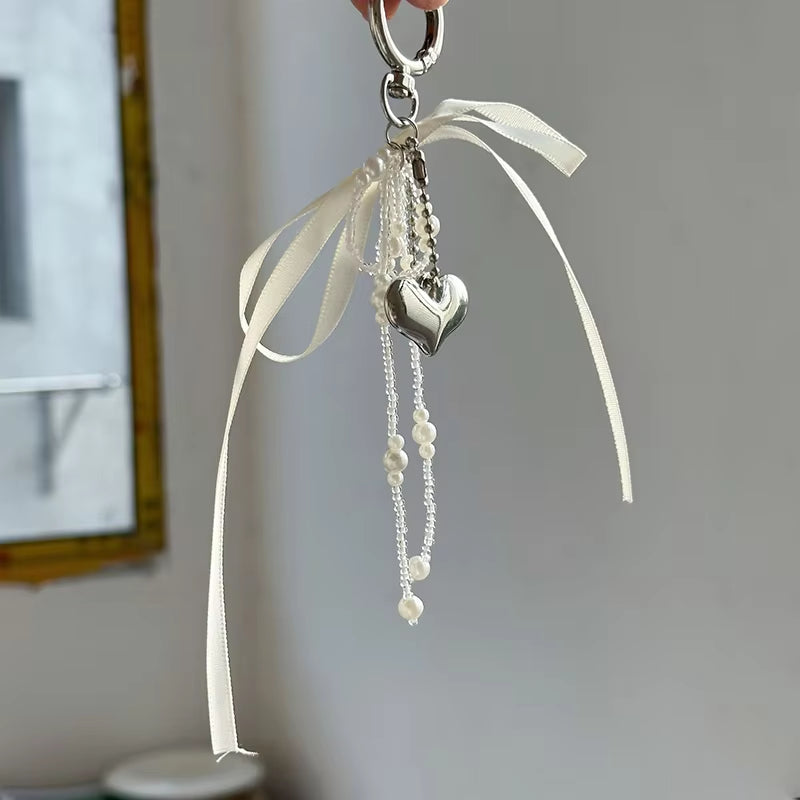 Imitation Pearl Bow Key Ring Ribbon Beaded Keychain Korean Style Hanging Accessories Y2K Heart Bag Pendant Decor Accessories