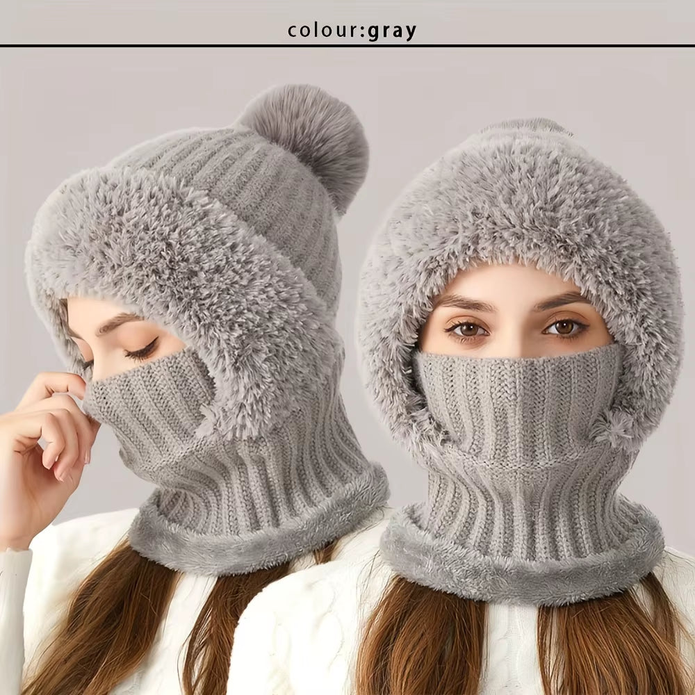 Winter Women Knit Hat Mask 3-In-1Thermal Balaclava Beanie Hat Set Women Cashmere Neck Warm Windproof Cycling Hat