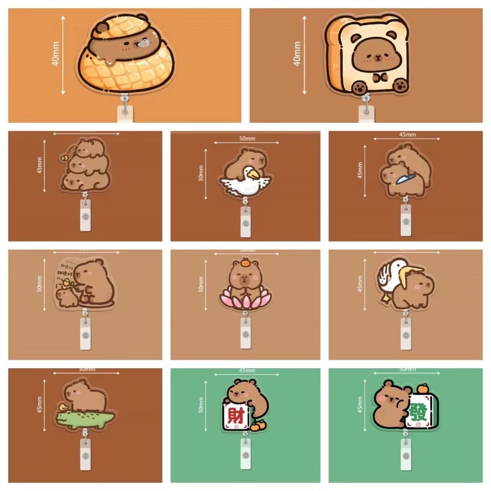 Capybara Cartoon Badge Reel Retractable ID Badge Holder with 360 Rotating Alligator Clip Students Name Tag Holder