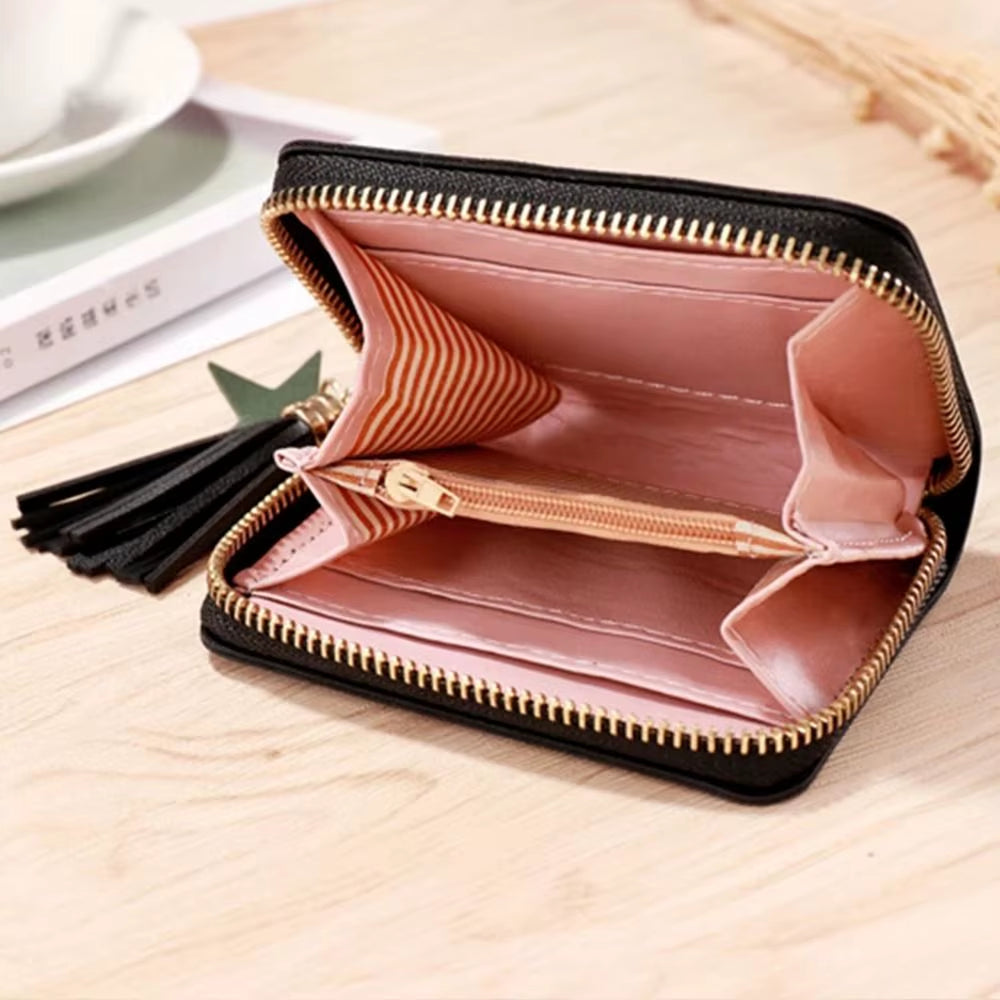 PU Leather Small Wallet Mini Card Bag Coin Purse Tassel Zipper Outdoor Portable Hand Wallet Girls Lovely Cute
