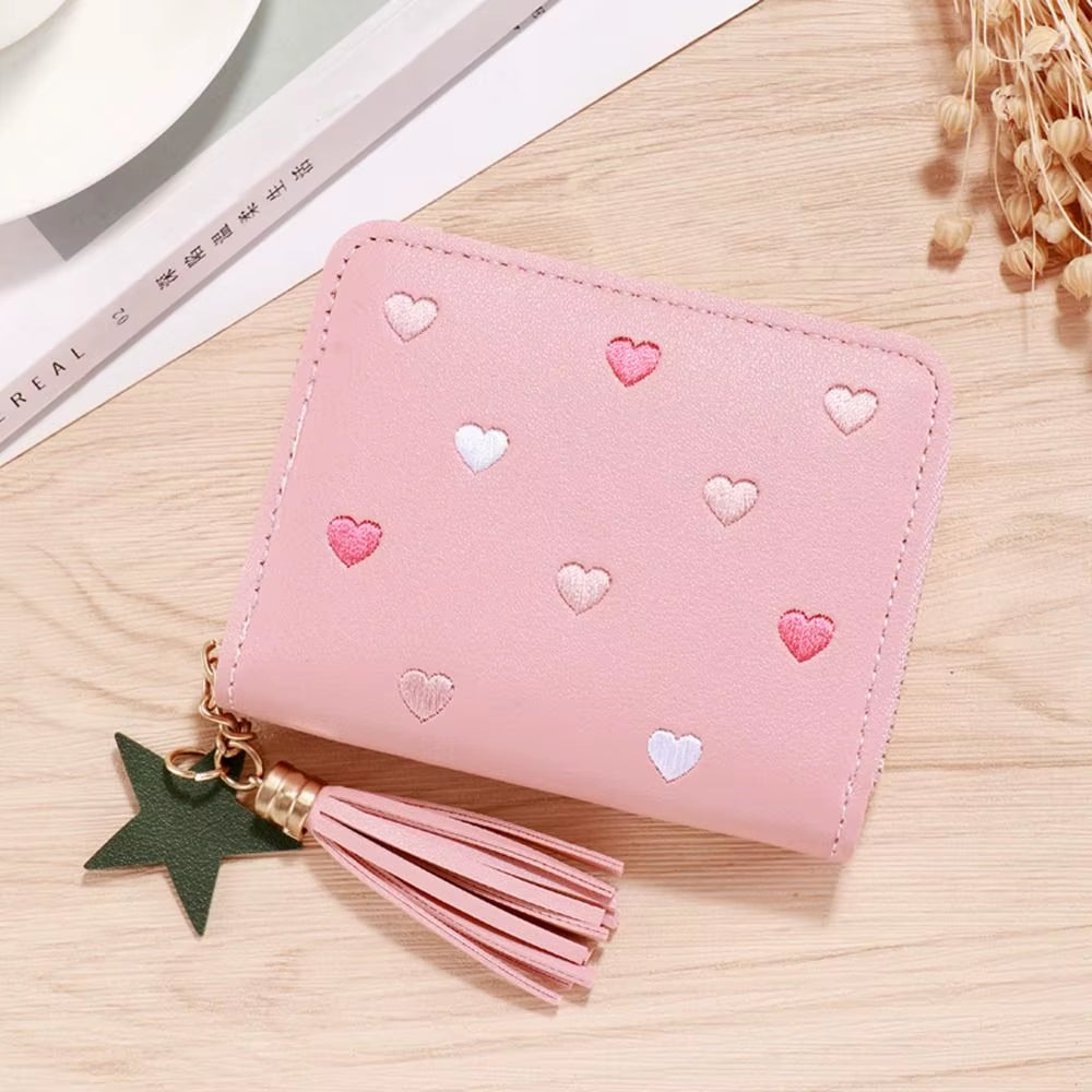 PU Leather Small Wallet Mini Card Bag Coin Purse Tassel Zipper Outdoor Portable Hand Wallet Girls Lovely Cute