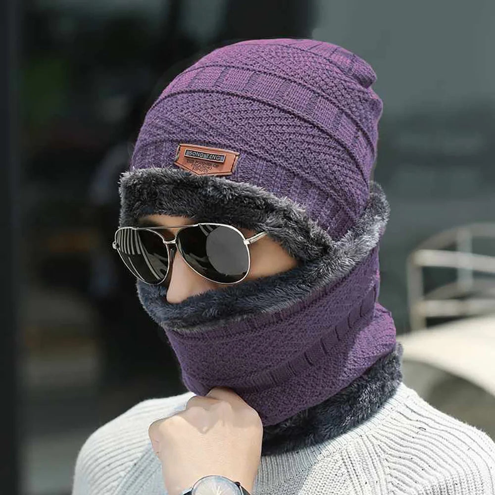 Mens Womens Winter Beanie Hat Scarf Set Warm Knit Thick Fleece Lined Skull Cap Neck Warmer for Men Women