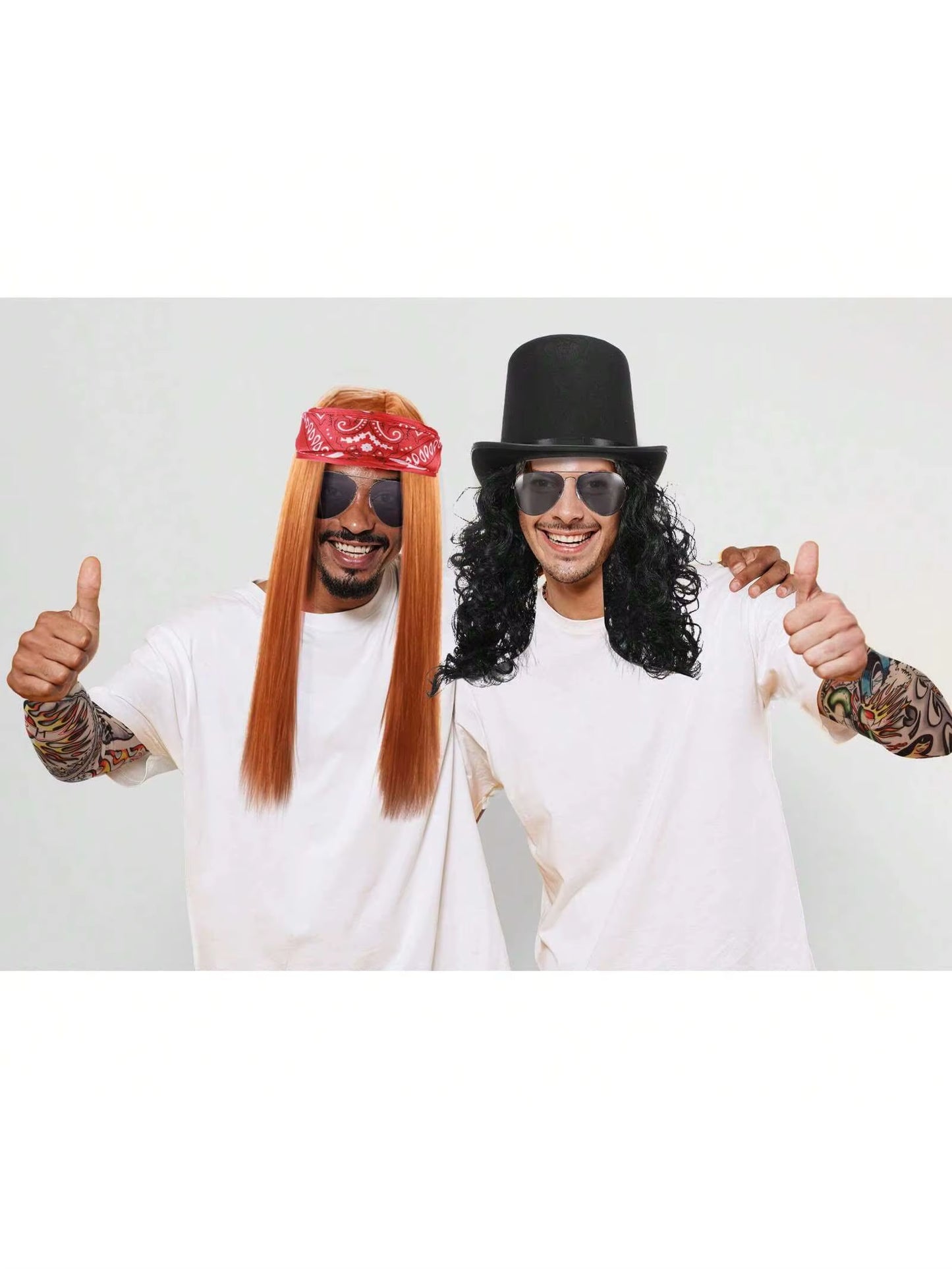 7 Pcs 70S 80S Rocker Costume Heavy Metal Wig Men Women Hippie Wig with Bandana Sunglasses Punk Gloves Tattoo Sleeves for 80S Pun