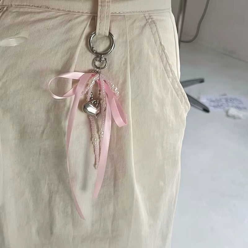 Imitation Pearl Bow Key Ring Ribbon Beaded Keychain Korean Style Hanging Accessories Y2K Heart Bag Pendant Decor Accessories