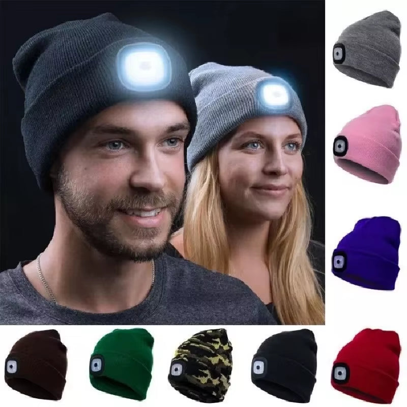 Beanies for Man Solid Knitted Hat with LED Lighting Hip-Hop Style Berets Portable Warm Woolen Bonnets for Woman Wholesale