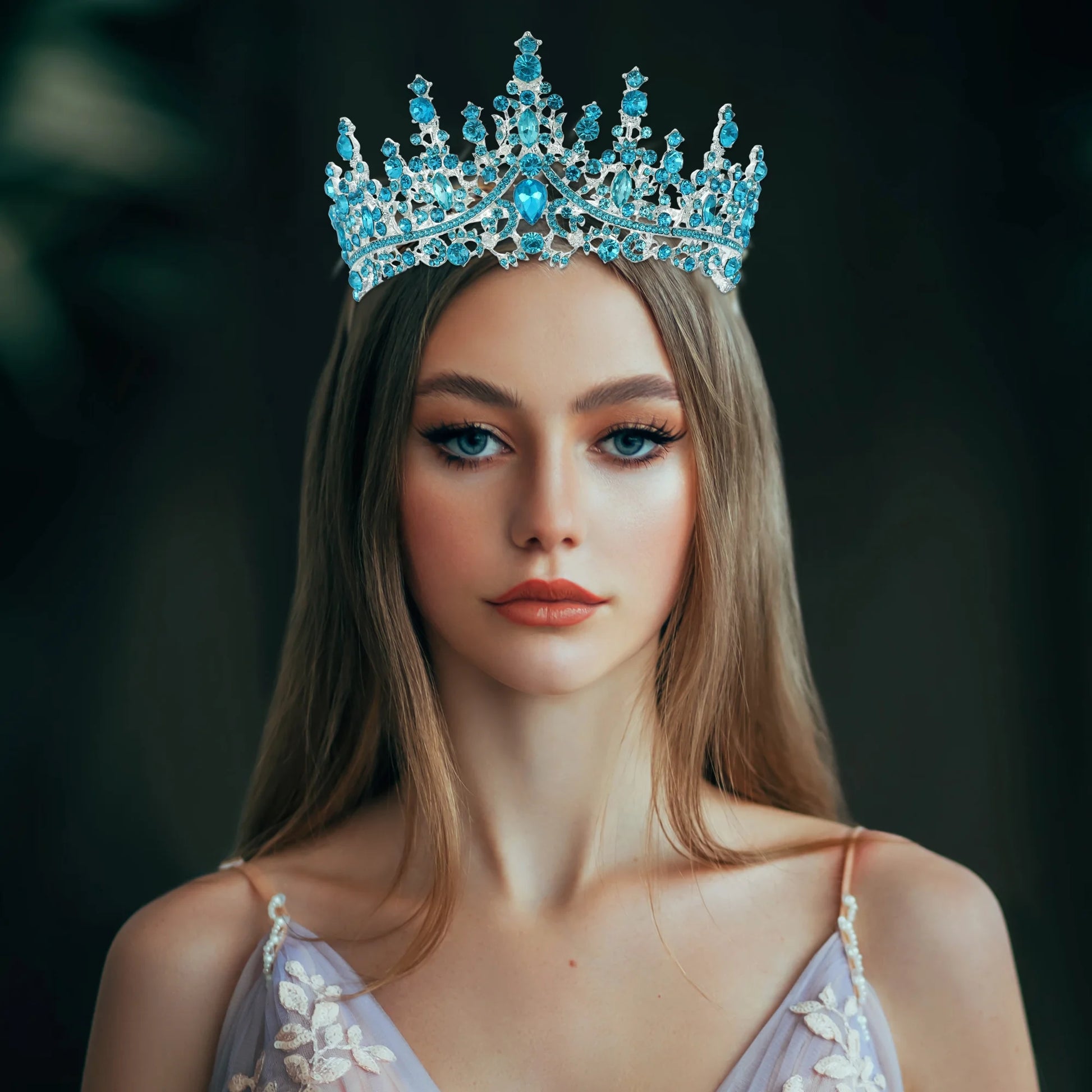 1 Pcs Lake Bluetone Crystal Tiara Crowns Elegant Princess Crown with Combs Tiaras H