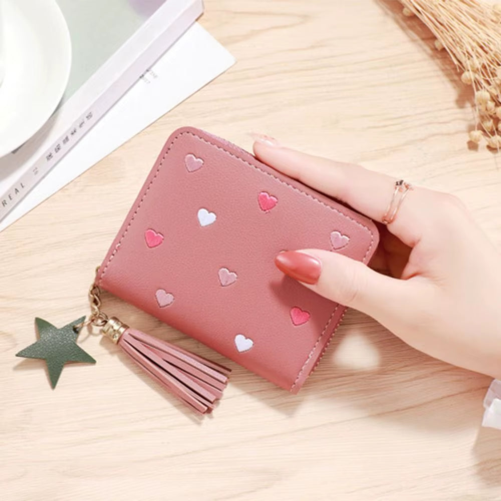 PU Leather Small Wallet Mini Card Bag Coin Purse Tassel Zipper Outdoor Portable Hand Wallet Girls Lovely Cute