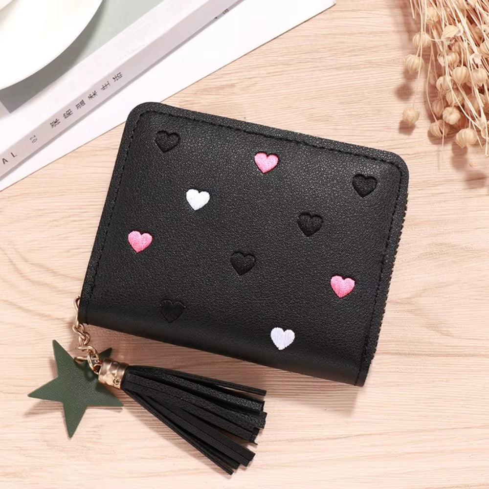 PU Leather Small Wallet Mini Card Bag Coin Purse Tassel Zipper Outdoor Portable Hand Wallet Girls Lovely Cute