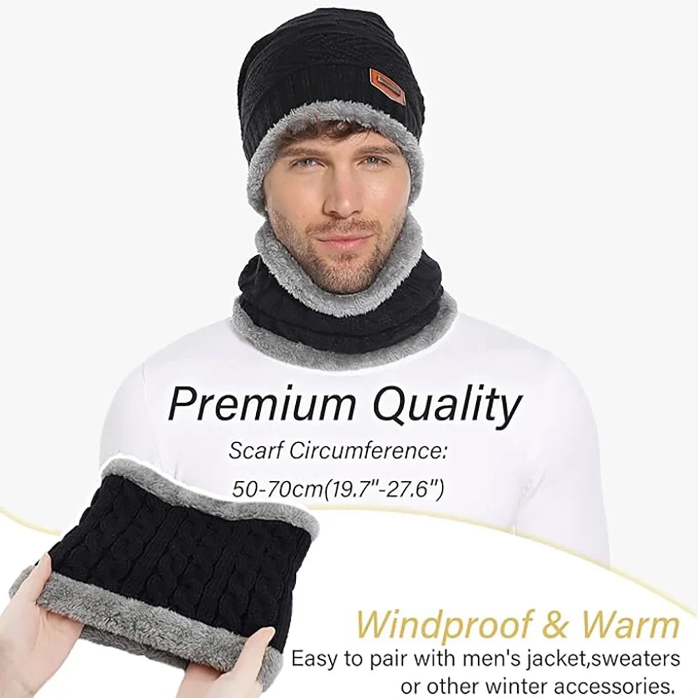 Mens Womens Winter Beanie Hat Scarf Set Warm Knit Thick Fleece Lined Skull Cap Neck Warmer for Men Women