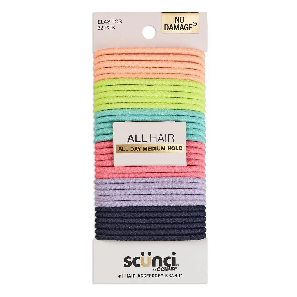 No Damage Elastic Stretch Nylon Ponytail Holder Hair Ties, Bright Multi-Color, 32 Ct