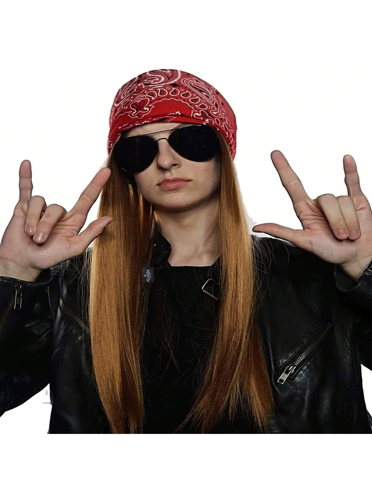 7 Pcs 70S 80S Rocker Costume Heavy Metal Wig Men Women Hippie Wig with Bandana Sunglasses Punk Gloves Tattoo Sleeves for 80S Pun
