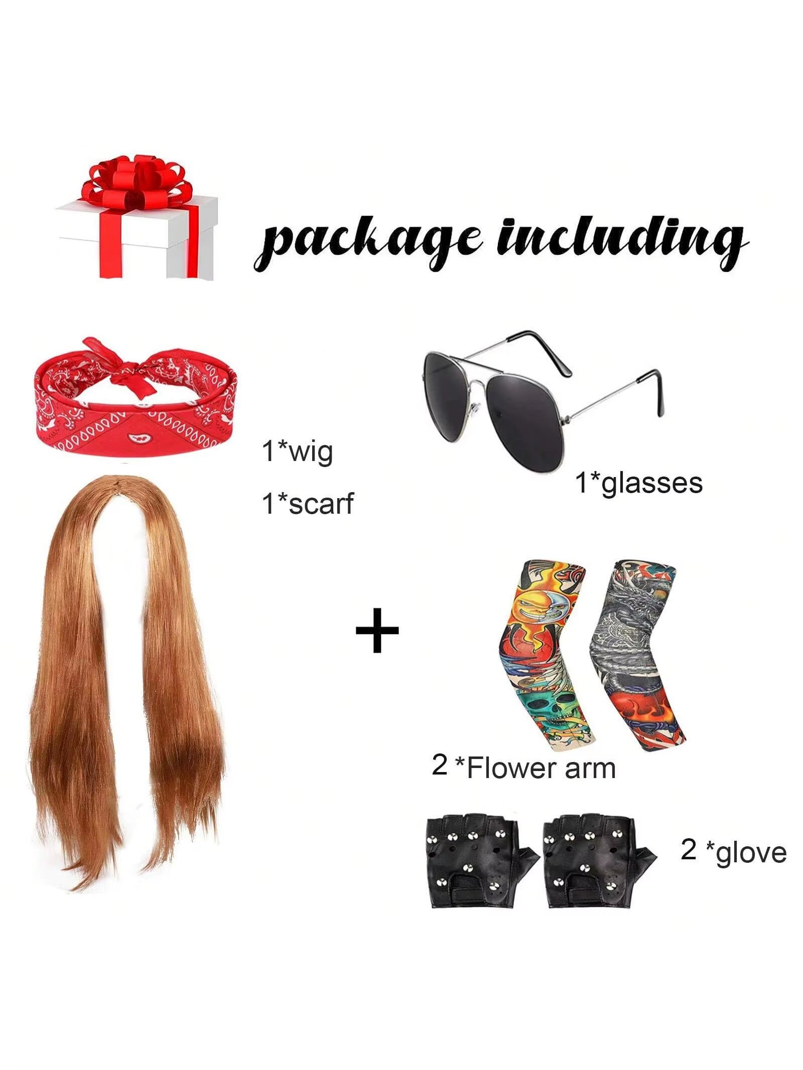 7 Pcs 70S 80S Rocker Costume Heavy Metal Wig Men Women Hippie Wig with Bandana Sunglasses Punk Gloves Tattoo Sleeves for 80S Pun