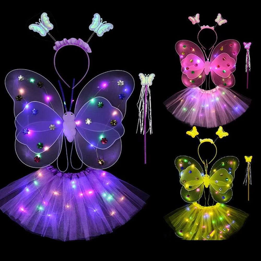 LED Children Costume Props Girls Skirts Angel Luminous Wings Flashing Butterfly Skirt Lights Suit 2-8Year Easter Valentines Day