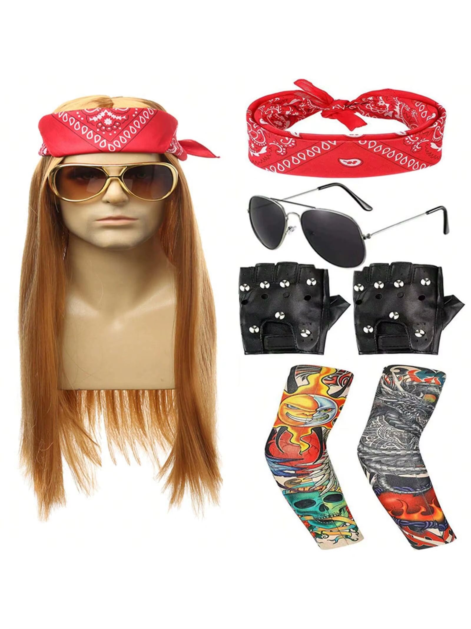 7 Pcs 70S 80S Rocker Costume Heavy Metal Wig Men Women Hippie Wig with Bandana Sunglasses Punk Gloves Tattoo Sleeves for 80S Pun