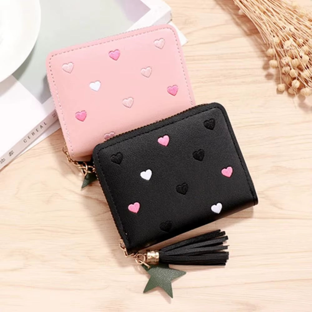 PU Leather Small Wallet Mini Card Bag Coin Purse Tassel Zipper Outdoor Portable Hand Wallet Girls Lovely Cute