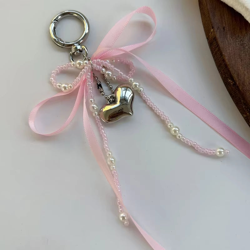 Imitation Pearl Bow Key Ring Ribbon Beaded Keychain Korean Style Hanging Accessories Y2K Heart Bag Pendant Decor Accessories
