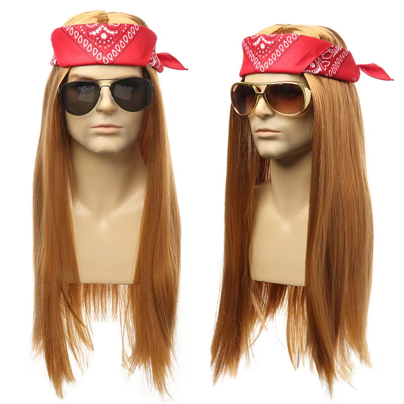 7 Pcs 70S 80S Rocker Costume Heavy Metal Wig Men Women Hippie Wig with Bandana Sunglasses Punk Gloves Tattoo Sleeves for 80S Pun