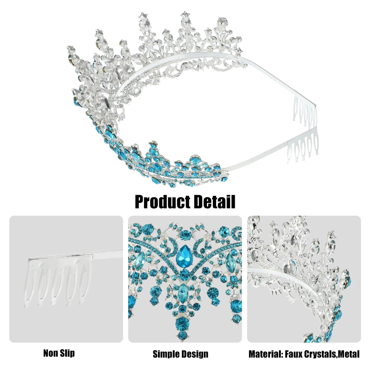1 Pcs Lake Bluetone Crystal Tiara Crowns Elegant Princess Crown with Combs Tiaras H